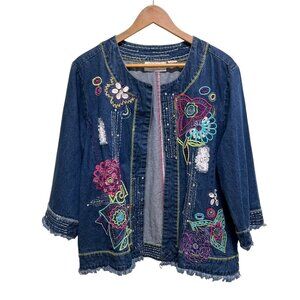 Vintage Sequin Embroidered Floral Open Front Denim Jean Jacket Size XL